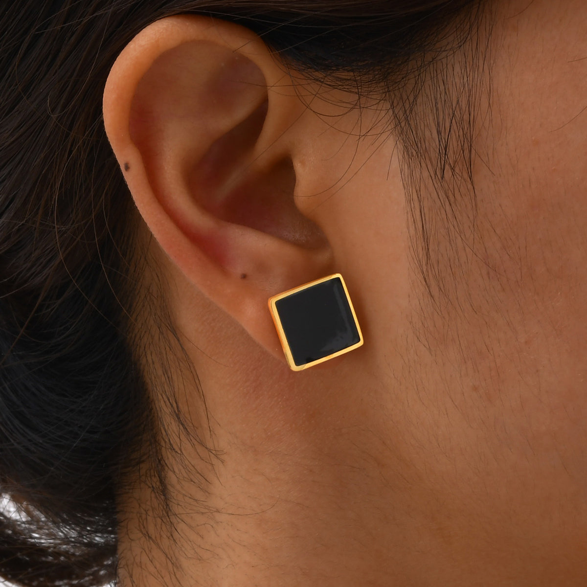 Gold-Tone Black Square Stainless Steel Stud Earrings