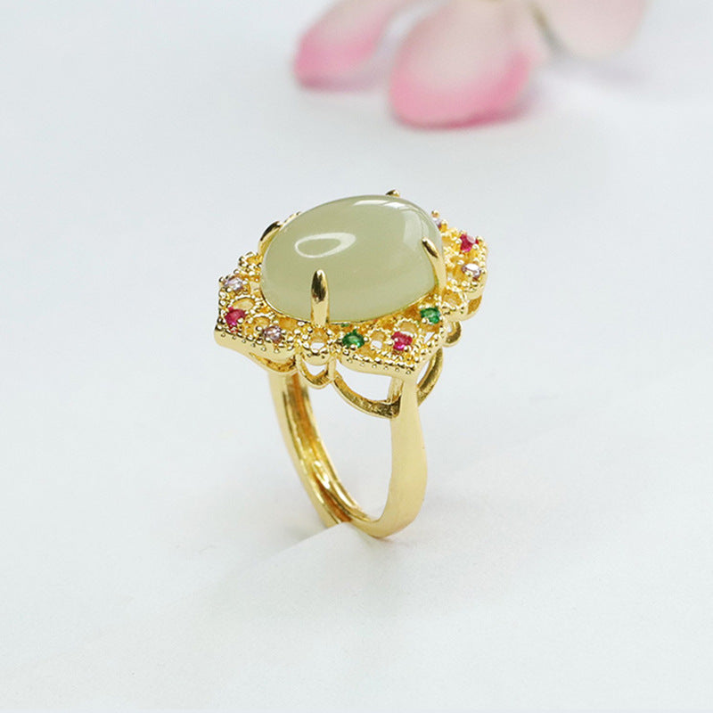 Vibrant Zircon and Hotan Jade Sterling Silver Ring