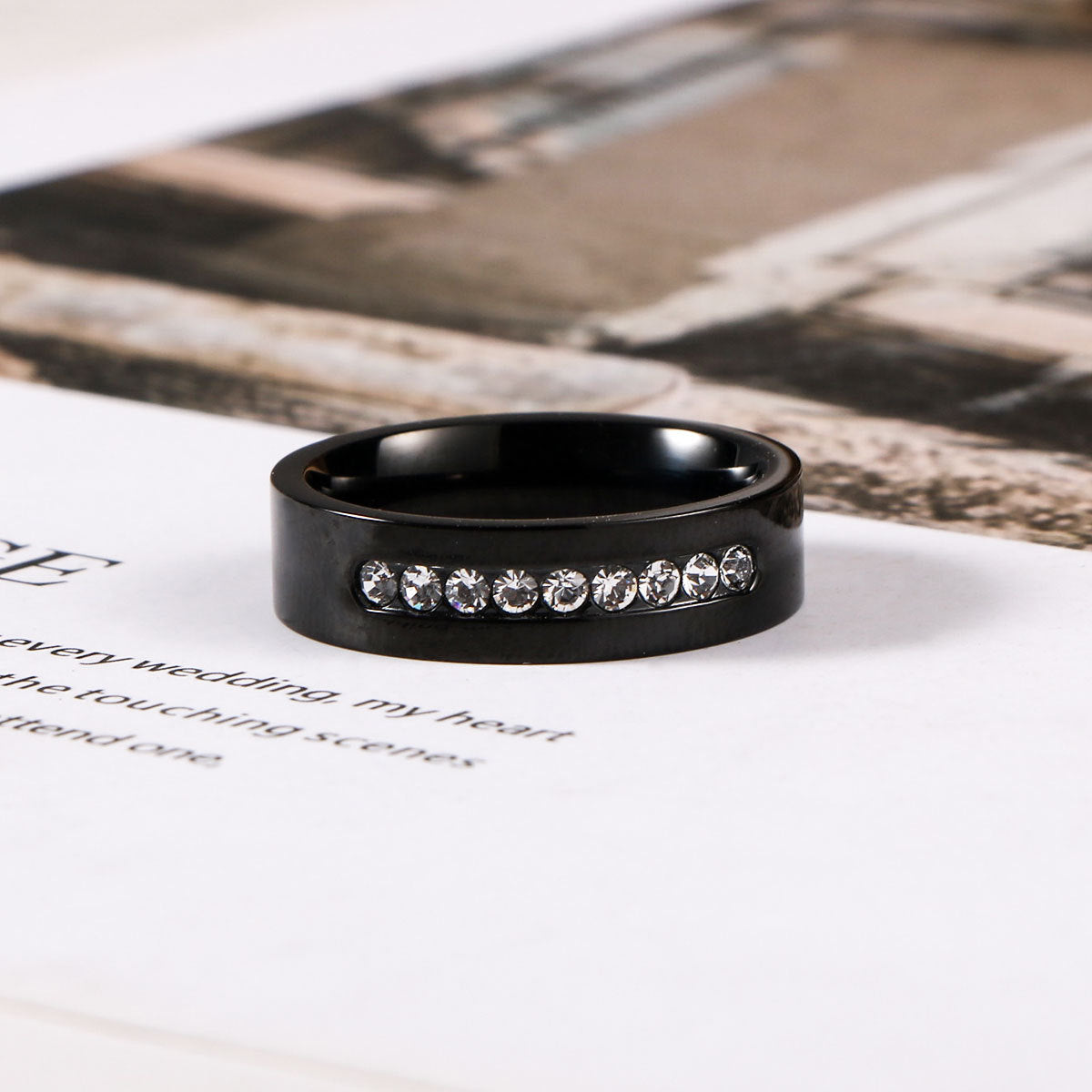 With Zircon Ring – Stainless Steel Inlaid Zircon Ring – Black-Plated Trinkets.