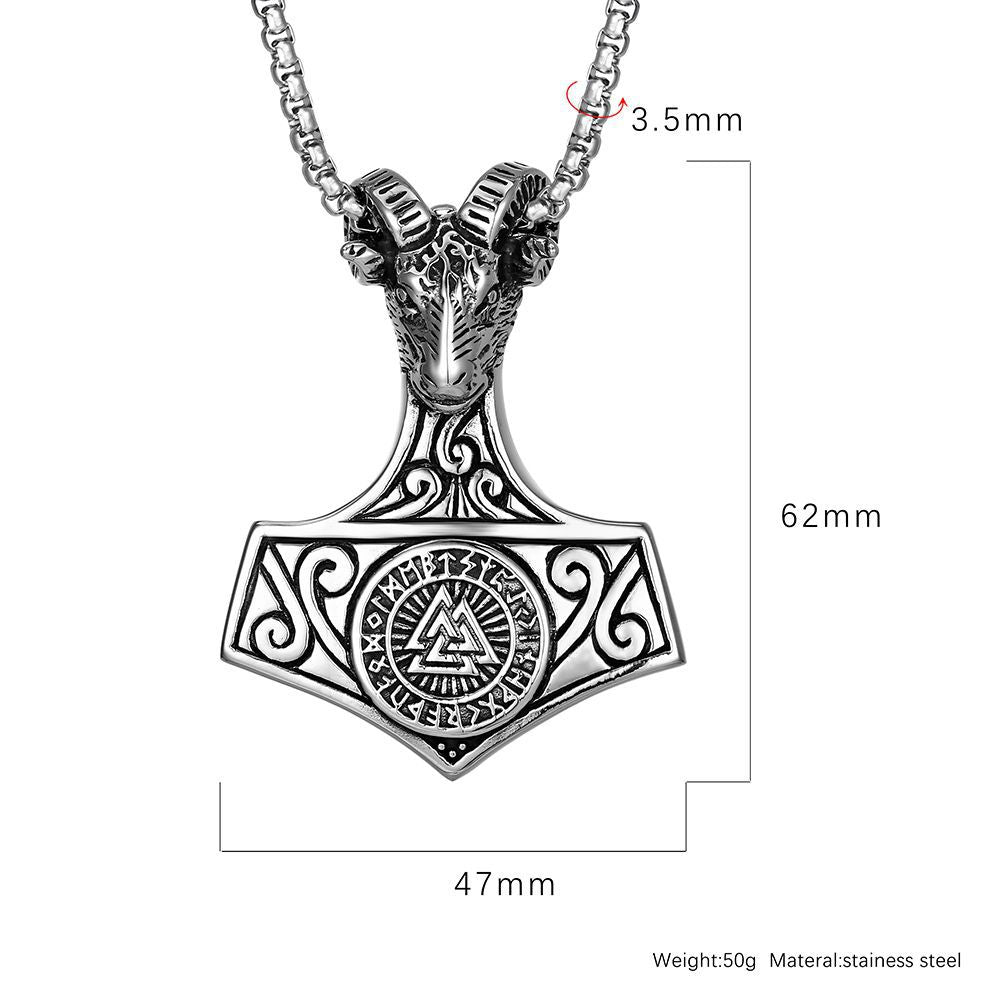 Planderful Viking Thor Hammer Necklace Titanium Steel With Ram Head And Compass Pendant For Men