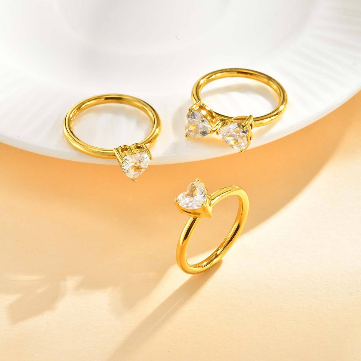 Stainless Steel Design Ring Heart-Shaped Zircon Four-Leaf Flower Opening Three-Piece Ring