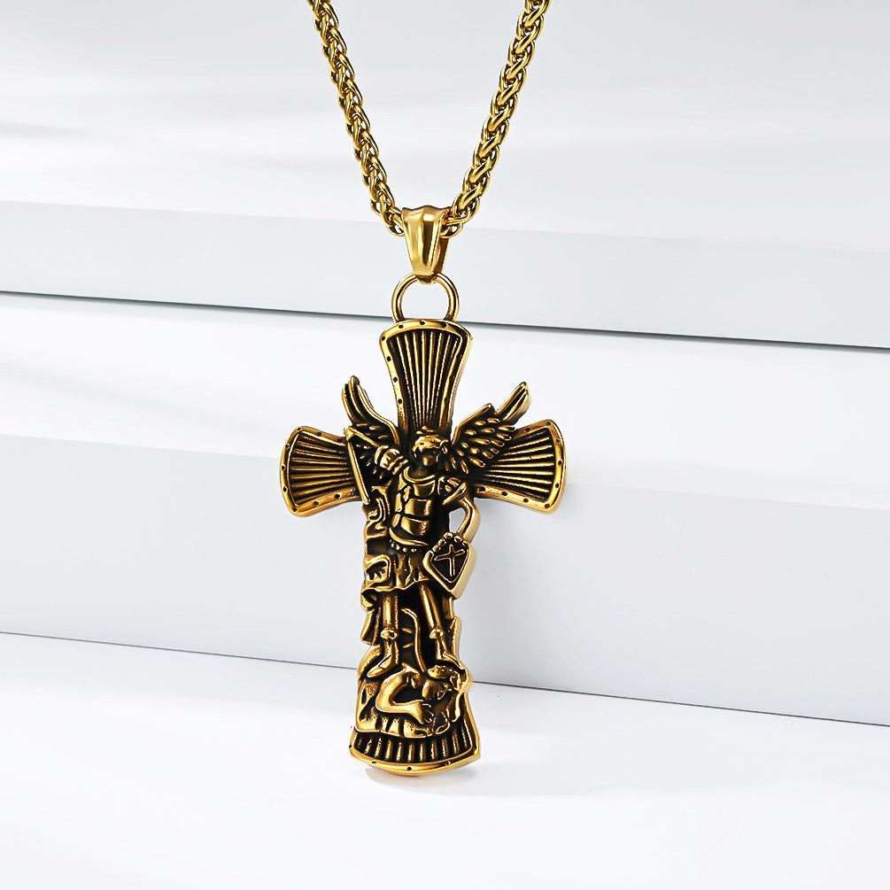St Michael Archangel Cross Necklace Titanium Steel Pendant Unisex Protection Planderful Collection