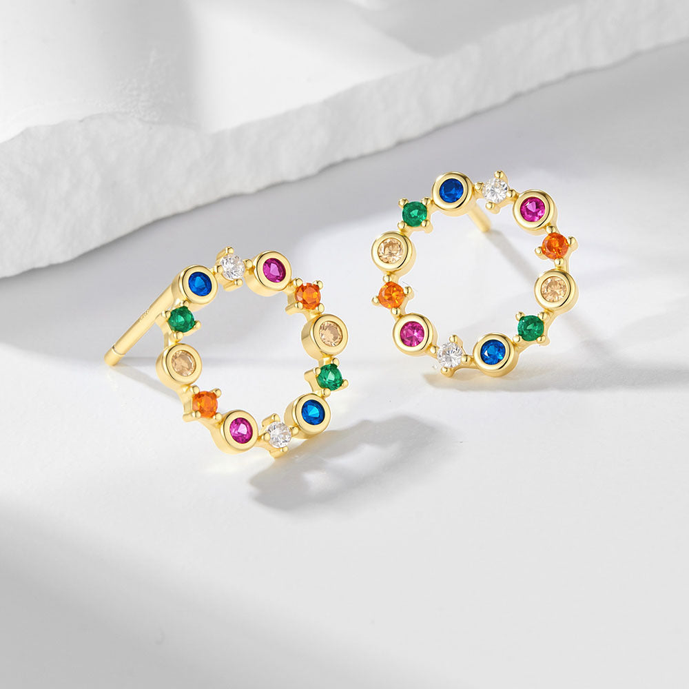 Color Zircon Hollow Circle Stud Earrings 925 Sterling Silver Retro Zircon Rainbow Earrings
