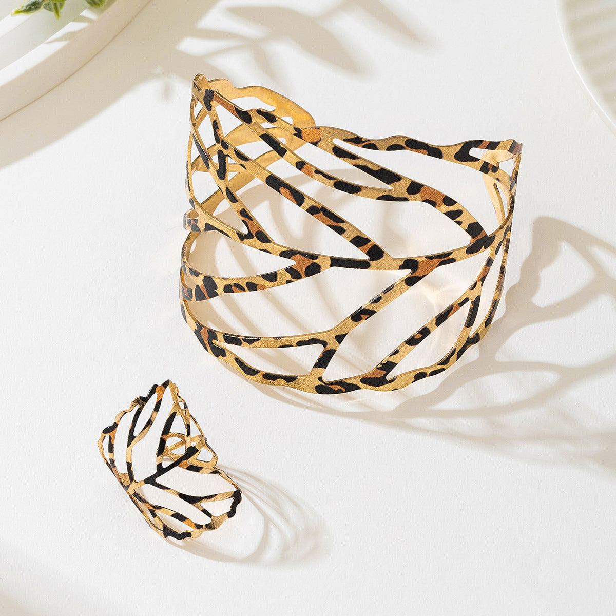 Stylish Metal Leaves Women's Bracelet Ring Set by Planderful