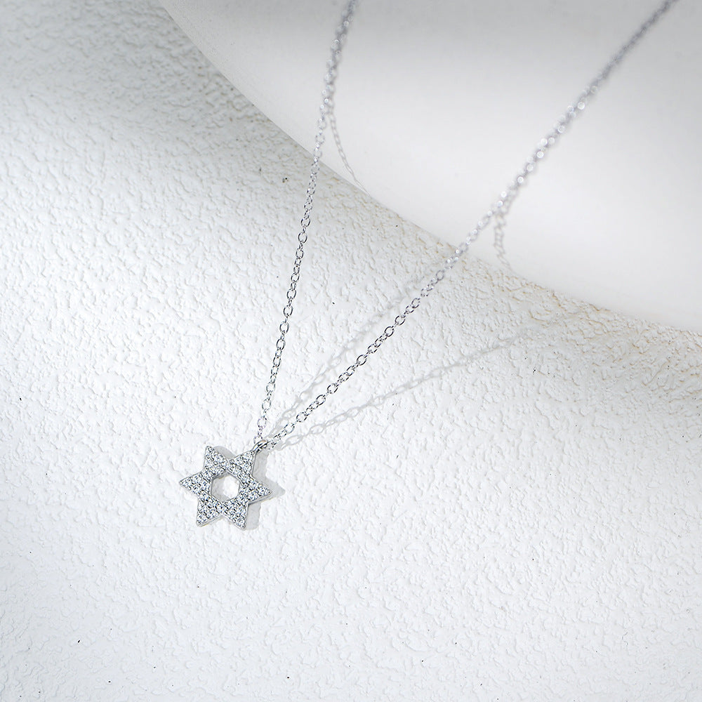 Planderful Sterling Silver Zircon Star Necklace For Women Luxurious Six Point Pendant With Micro Inlaid Stones