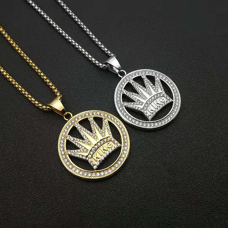 Planderful Hip Hop Crown Pendant Necklace Stainless Steel Gold Plated Rhinestones For Trendsetting Men