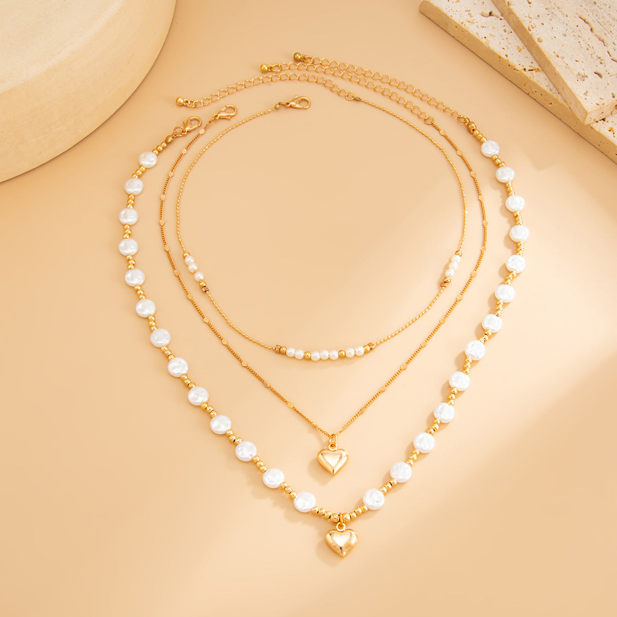 Pearl Heart Layered Necklace Set