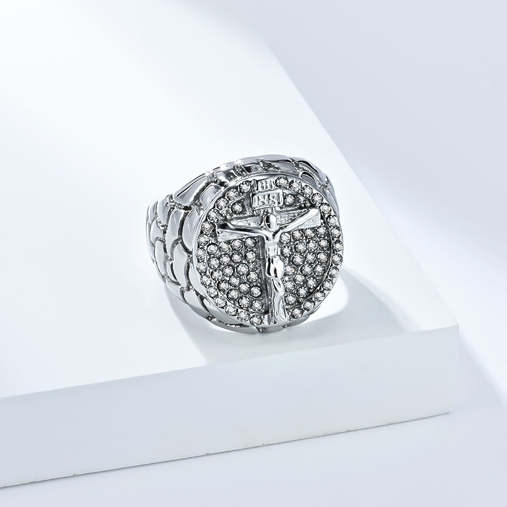 Planderful Mens Zircon Ring European American Retro Portrait Cross Titanium Steel Plated 18K Gold