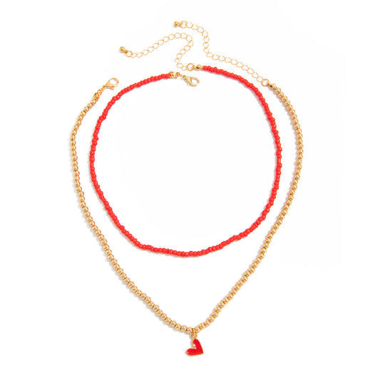 Heart & Rice Bead Layered Necklace
