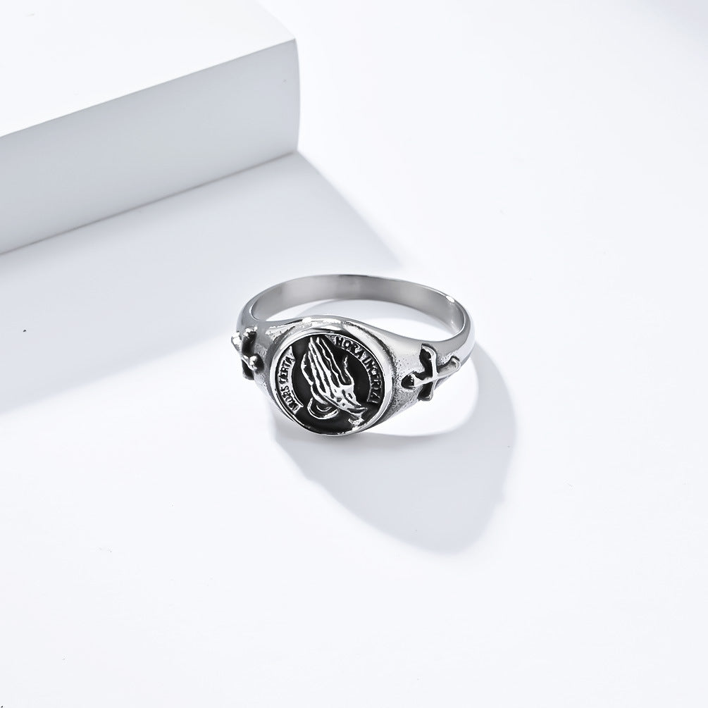Cross-Border European and American Style Prayer Hand Cross Titanium Steel Ring Men's and Women's Wedding Ring