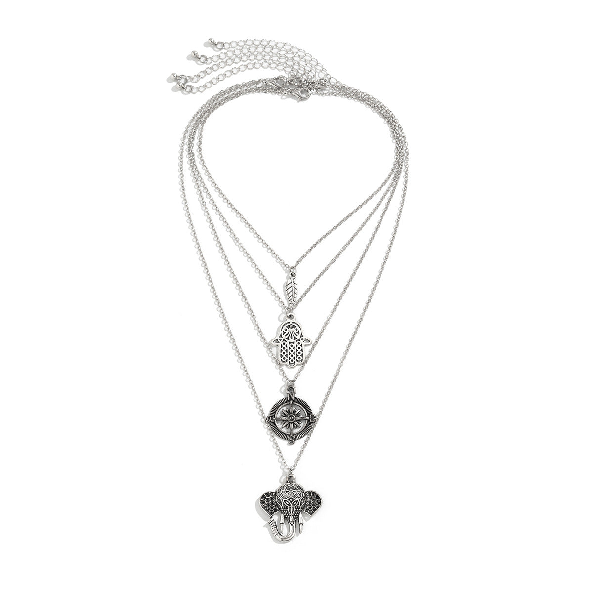 Bohemian Elephant Necklace with Sun and Leaf Pendants