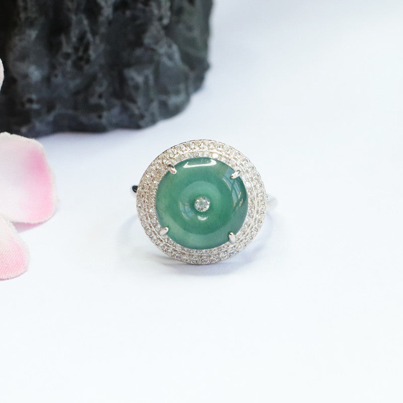 Sterling Silver Adjustable Jade Ring with Double Zircon Halo