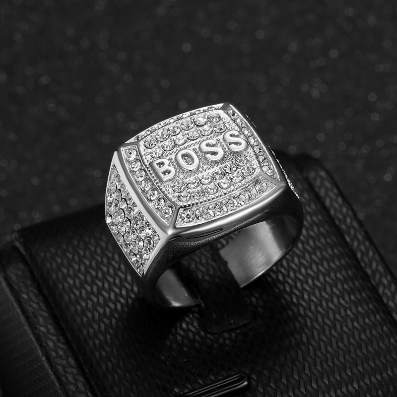 Planderful Hip Hop Ring For Men Titanium Steel Gold Plated Rhinestone Square Boss Letter Bold Statement Accessory