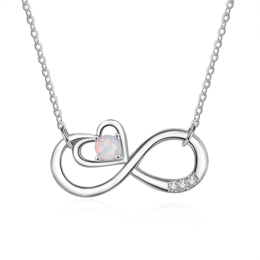 Infinite Symbol Heart Shape with Round Opal Zircon Sterling Silver Necklace
