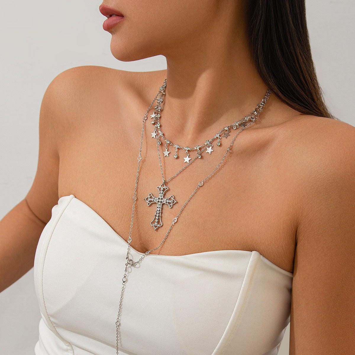 Layered Cross & Star Tassel Long Necklace