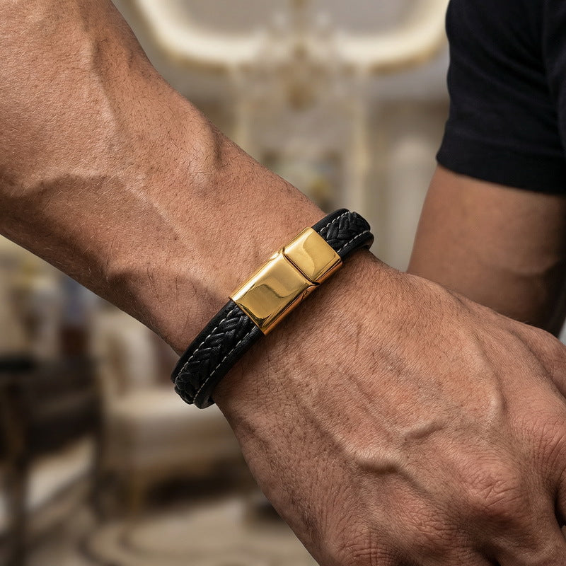 Woven Leather Rope Titanium Steel Buckle Bracelet – Male Punk Flat Leather Rope