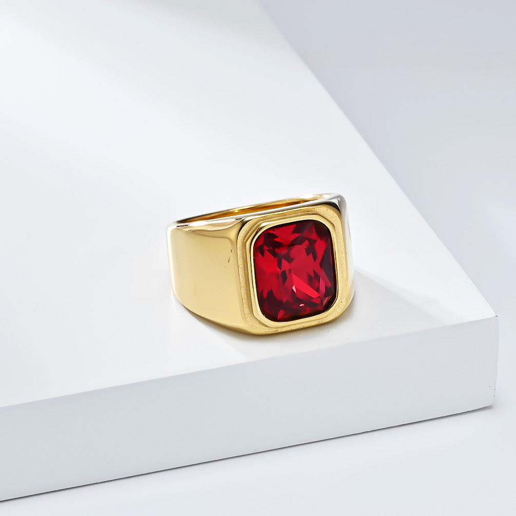 Planderful Personalized Light Luxury Men's Square Gemstone Ring Titanium Steel Gold-Plated
