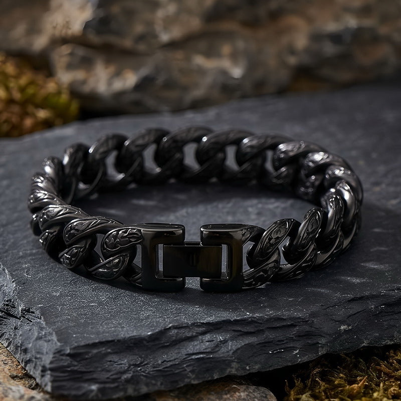 Cast Pattern – Punk Style 13mm Tang Grass Pattern Cuban Chain Titanium Steel Men's Bracelet