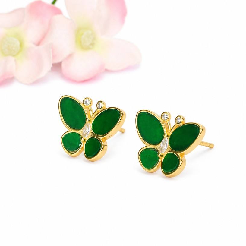 Green Jadeite Butterfly 925 Silver Stud Earrings