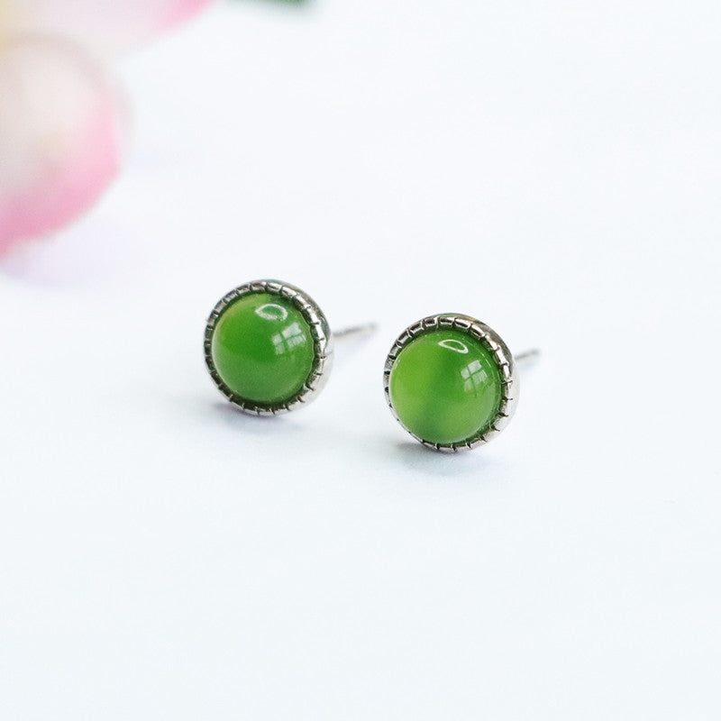 Sterling Silver Earrings with Natural Hetian Jade Insets