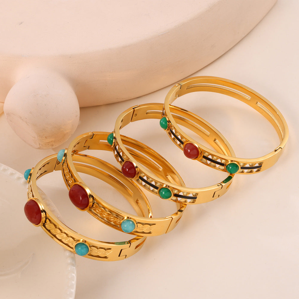 Golden Glaze Natural Stone Bracelet with Retro Design