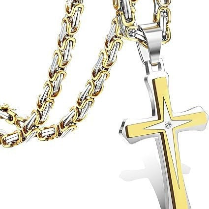 Planderful Two Tone Titanium Steel Cross Necklace For Men Double Layer Trendsetting Hip Hop Style Personalized Jewelry