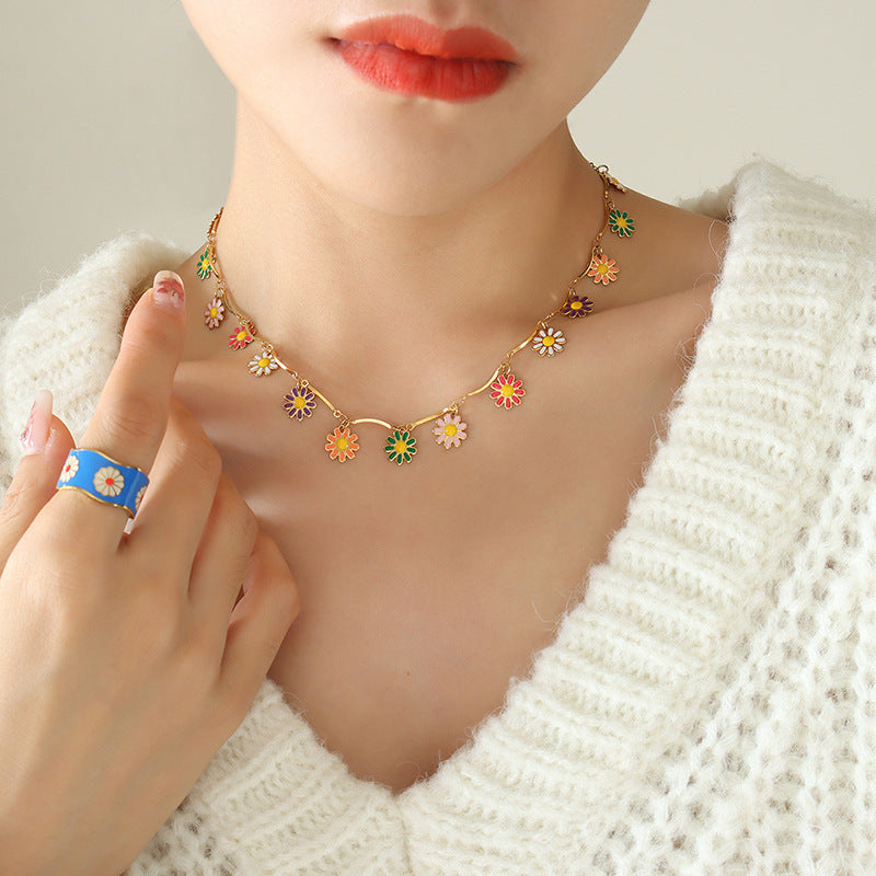 Colorful Flower Oil Drop Pendant Necklace - Personalized Pastoral Style