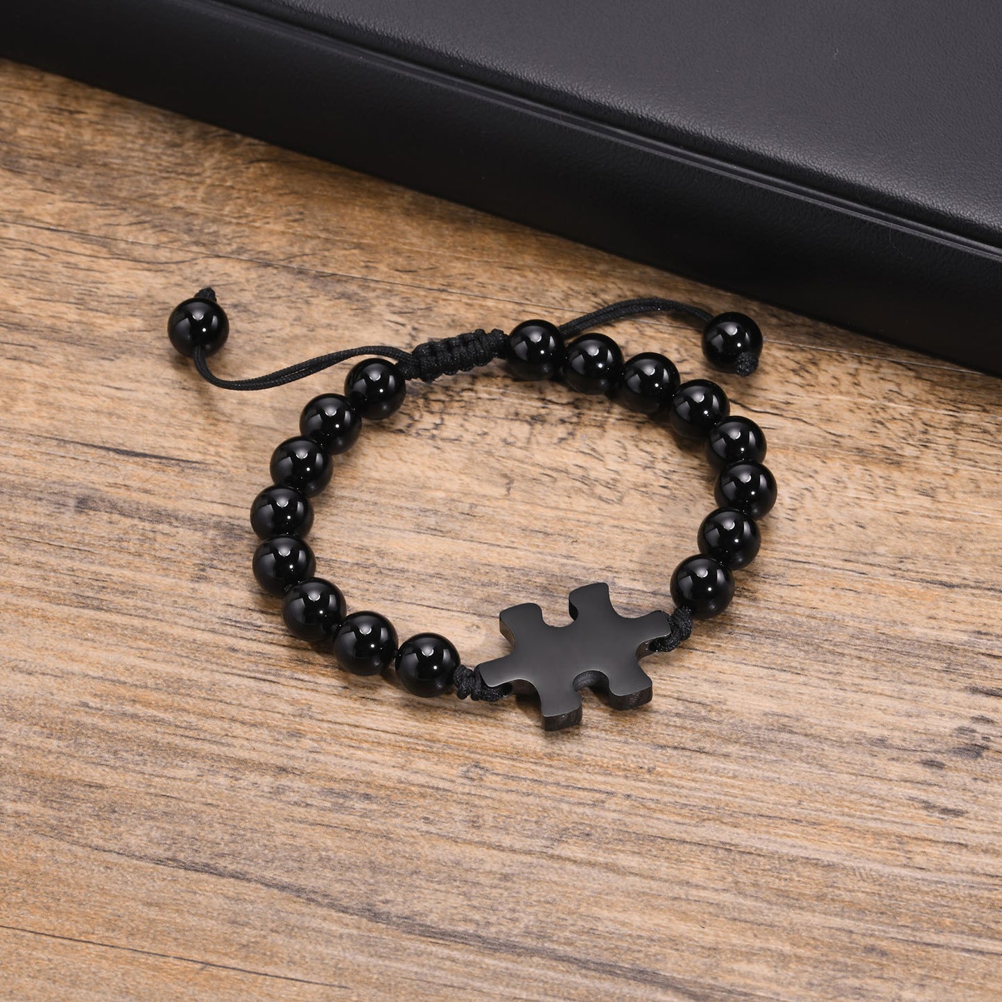 Adjustable Stainless Steel Puzzle Glossy Agate Beaded Bracelet Men's Black for Men