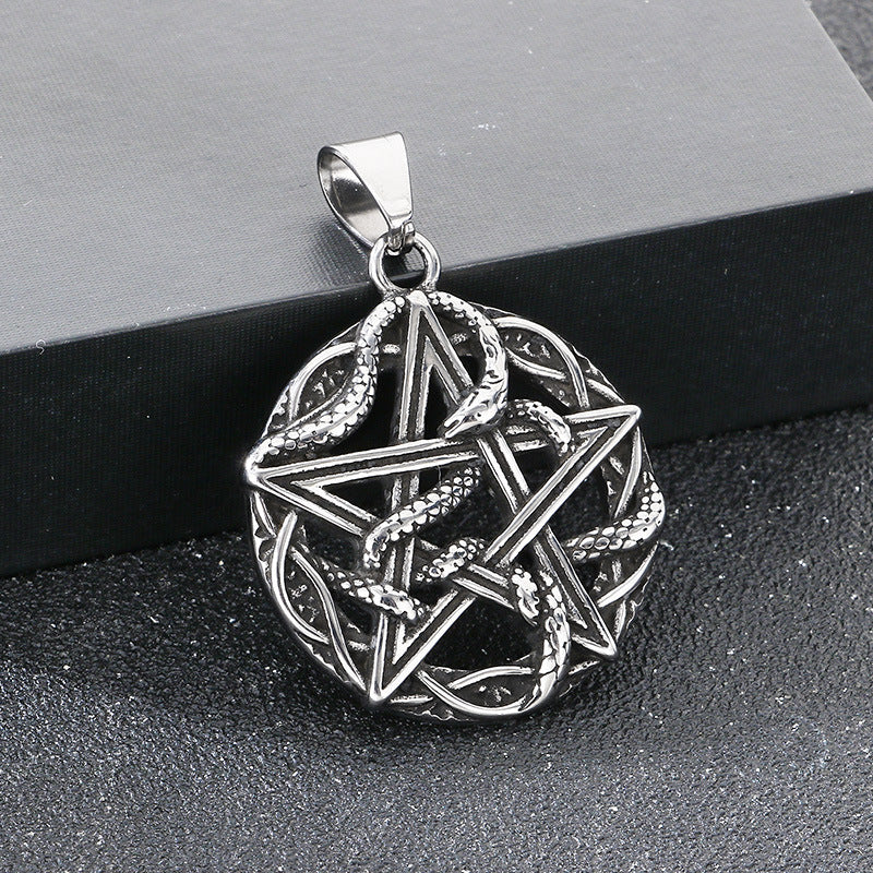 Retro Pentagram Triple Moon Necklace, Gothic Wind Snake Wrapped Pentagram Men's Titanium Steel