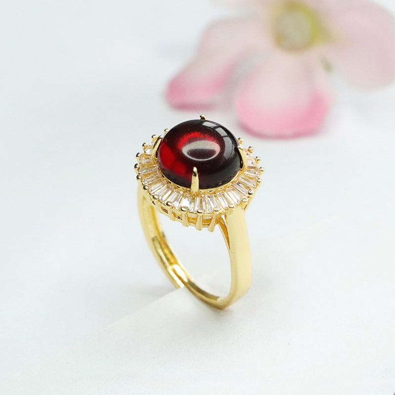 China-Chic Fortune's Favor Sterling Silver Natural Round Amber Ring with Full Zircon Halo