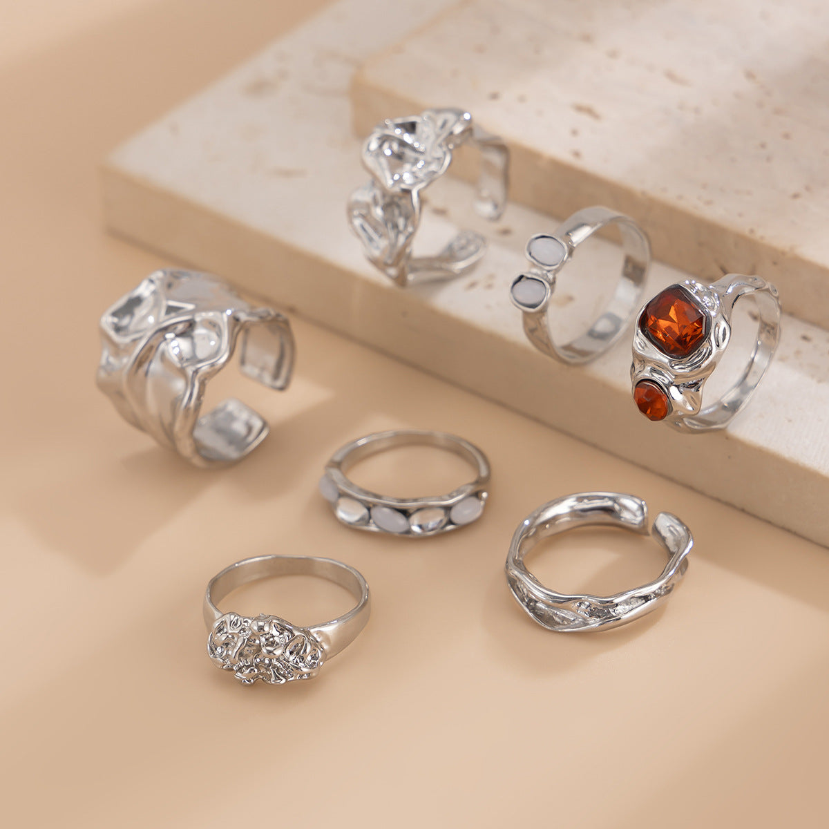 Planderful Collection Vienna Verve Zircon Gem Ring Set Geometric Lava Inlaid Statement Jewelry For Women