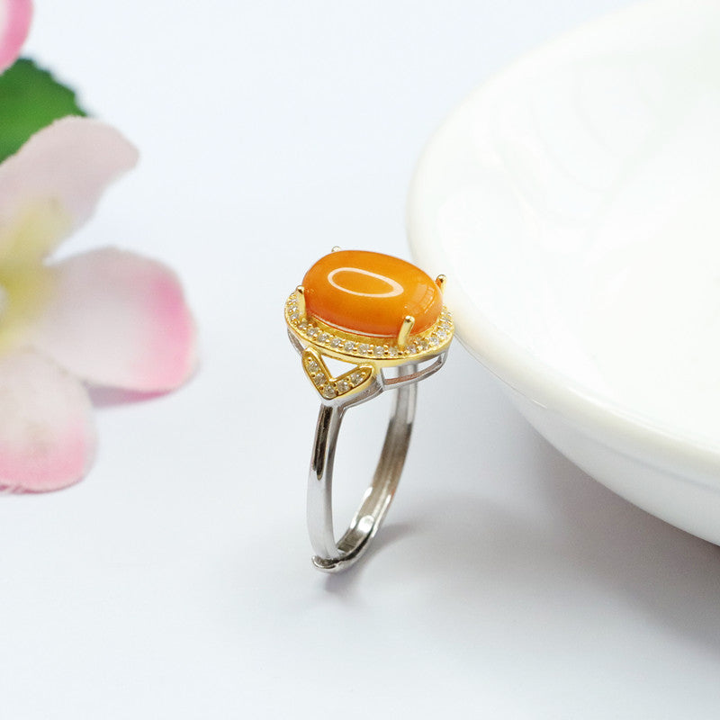 Golden Edge Adjustable Sterling Silver Amber Ring
