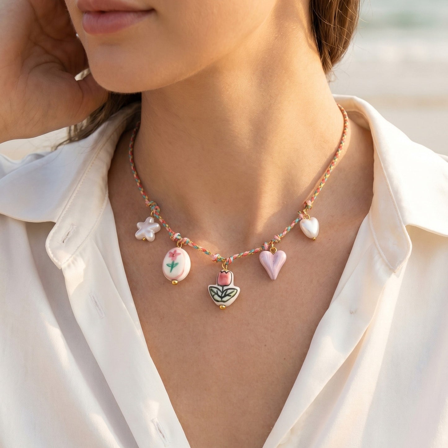 Dopamine Necklace Stainless Steel Ceramic Flower Heart Shaped Imitation Pearl Braided
