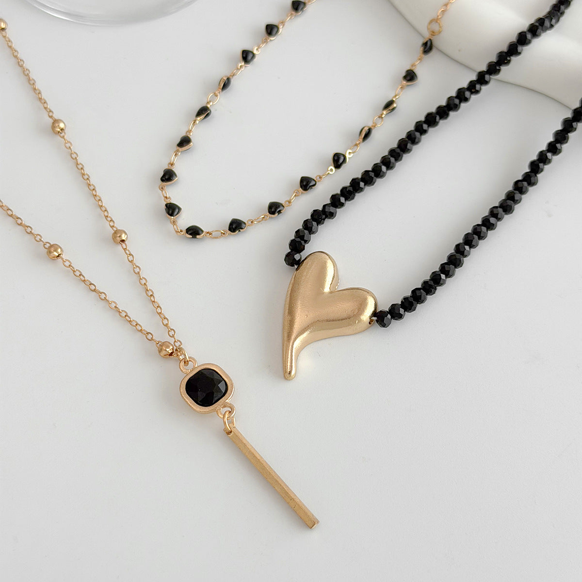 Black & Gold Heart Crystal-Style Necklace