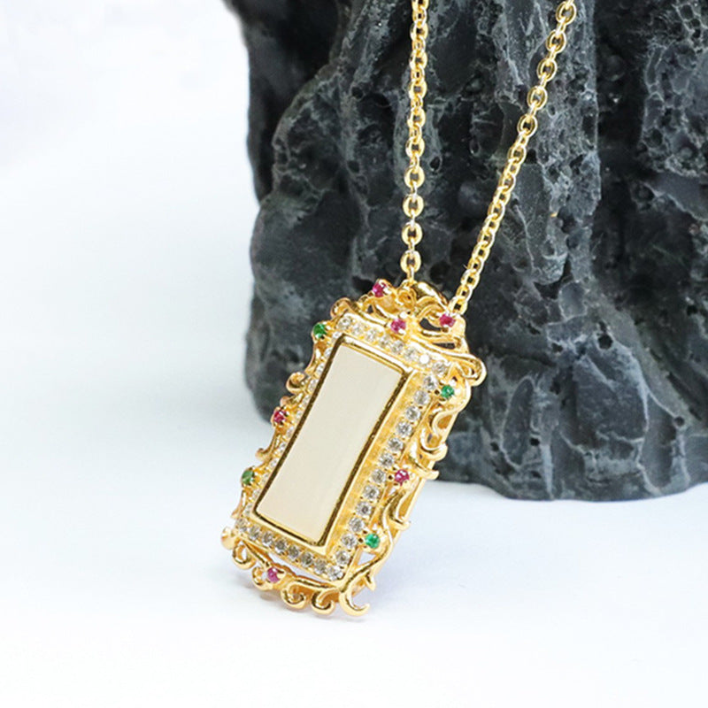 White Jade Pendant Necklace with Colorful Zircon Accents