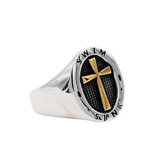 Latin Cross Oval Polished Titanium Steel Ring for Men