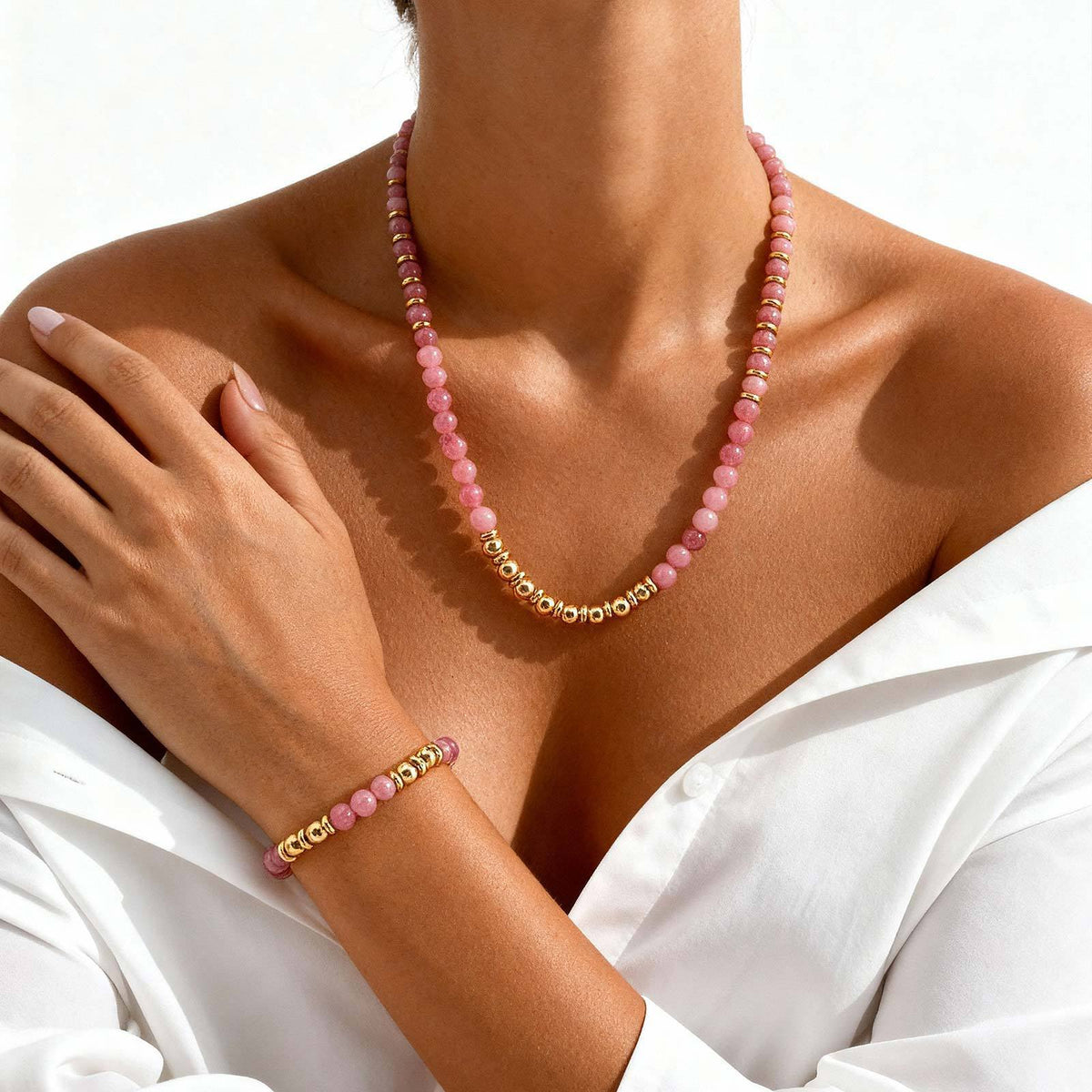 Beaded Chain Pink Crystal Stainless Steel Bracelet