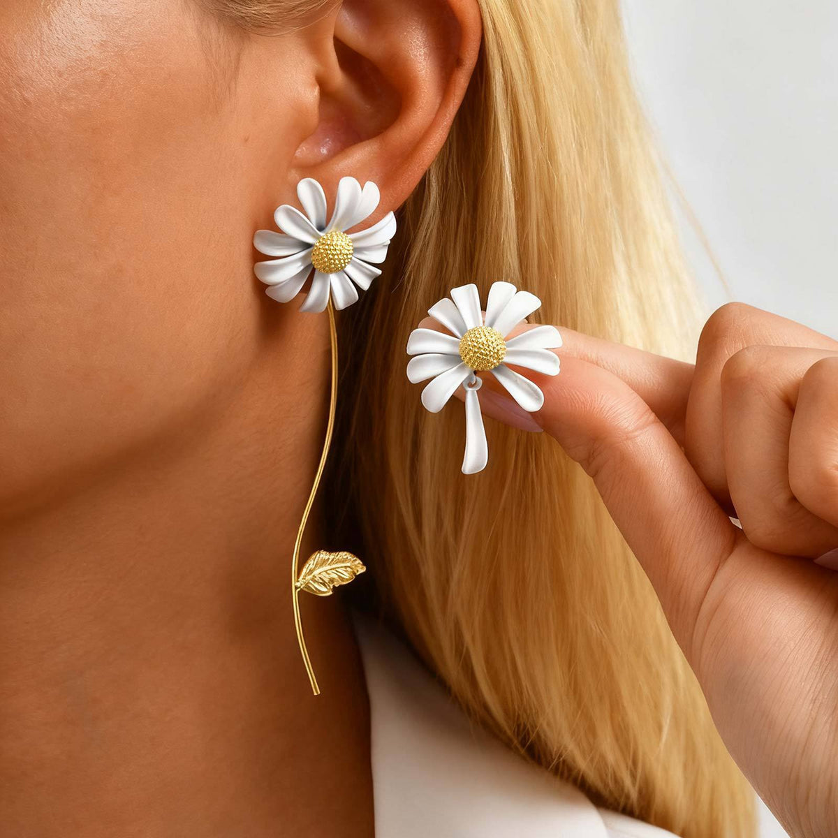 Asymmetric White Daisy Statement Earrings