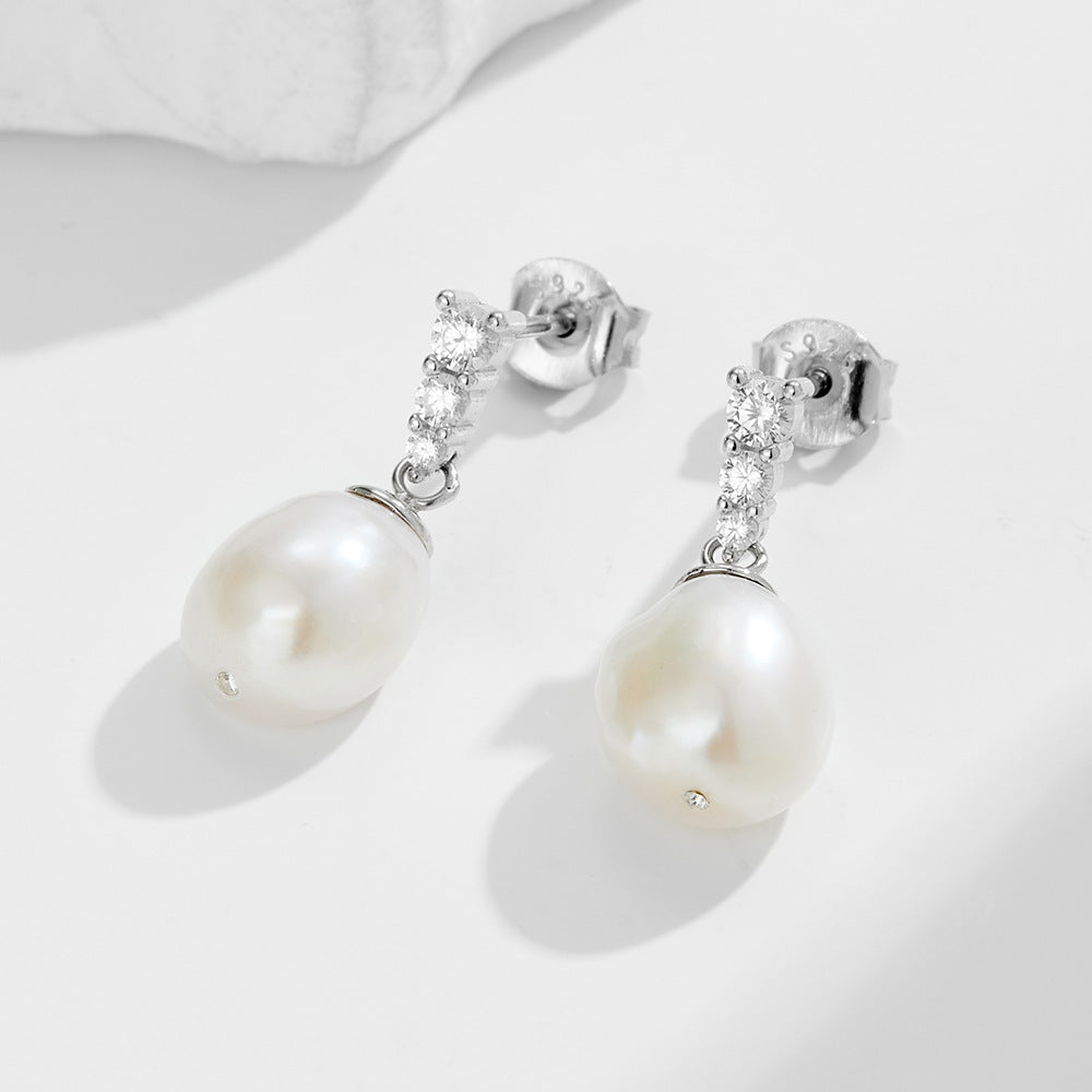 S925 Sterling Silver Natural Freshwater Baroque Pearl Earrings Micro Zircon Stud Earrings
