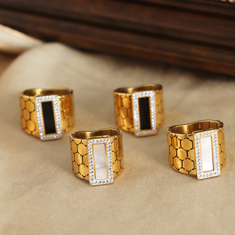 Luxurious Geometric Zircon-Embellished Ring with Titanium Steel and Gold Plating