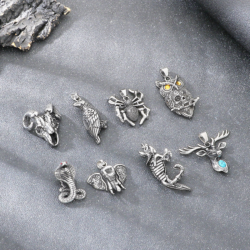 Animal Elk Cobra Dinosaur, Halloween Spider Horns Skull Titanium Steel Men's Pendant Necklace