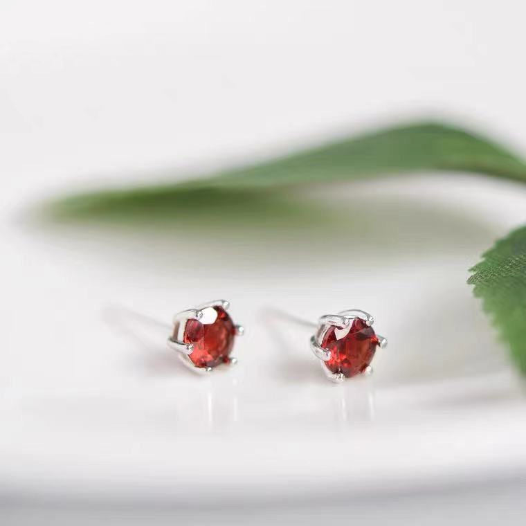 Garnet Six-Prong 925 Silver Stud Earrings
