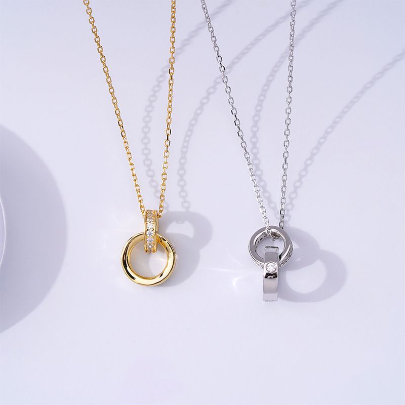 Double Ring Interlocking Zircon Silver Necklace