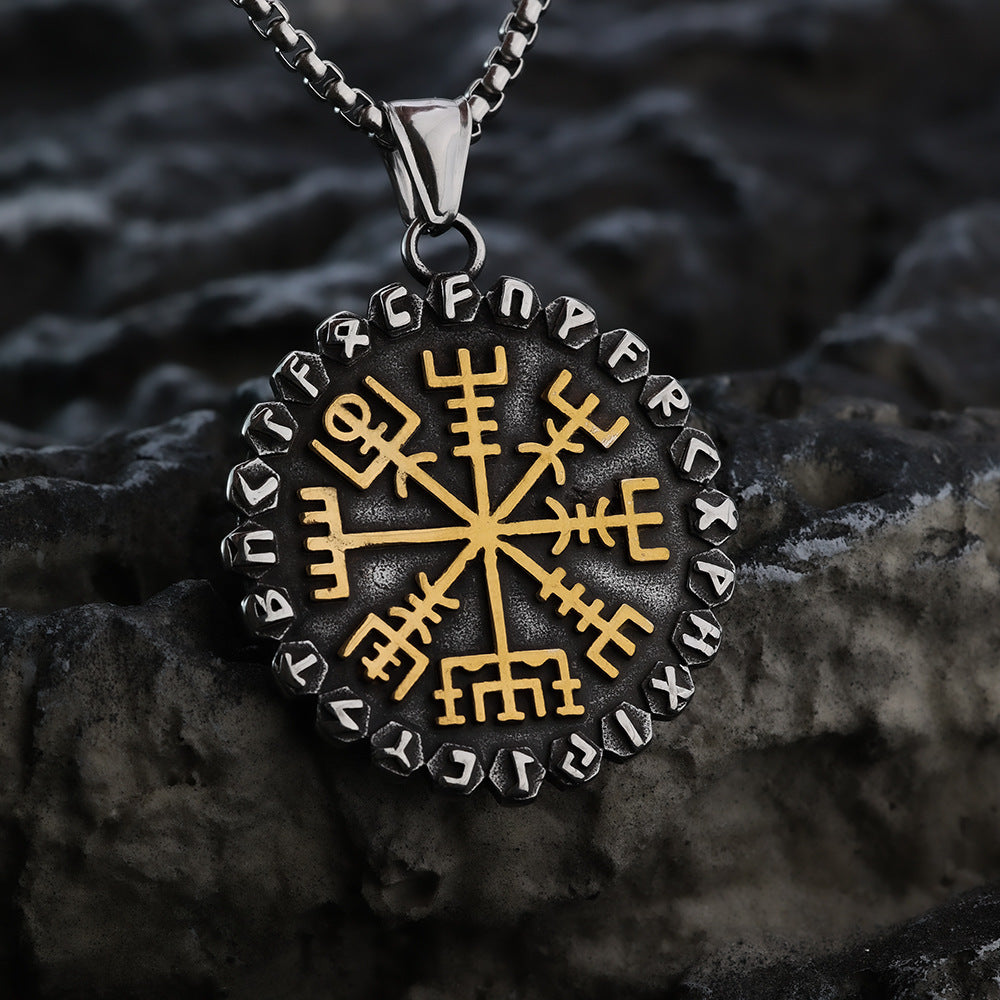 Nordic Retro Stainless Steel Men's Viking Compass Rune Necklace