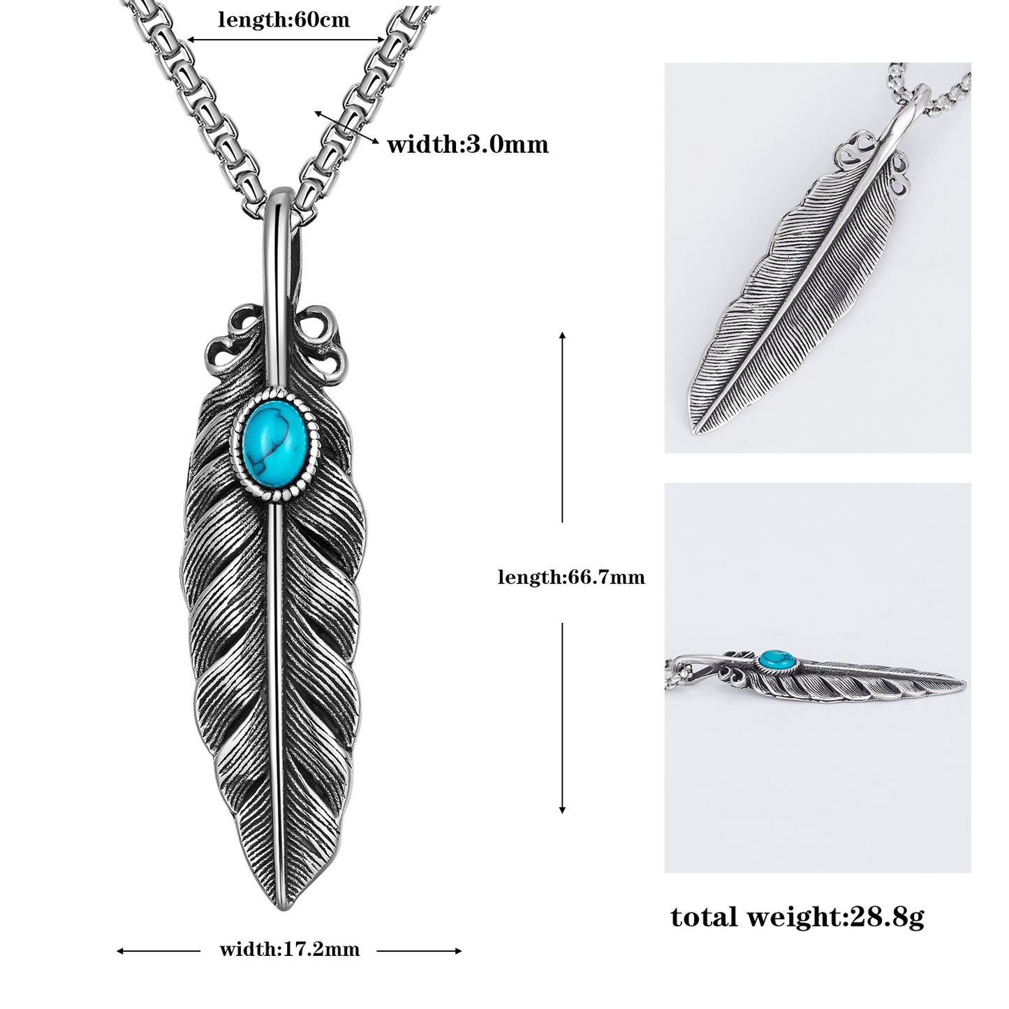 Steel Necklace – Vintage Feather Turquoise Pendant