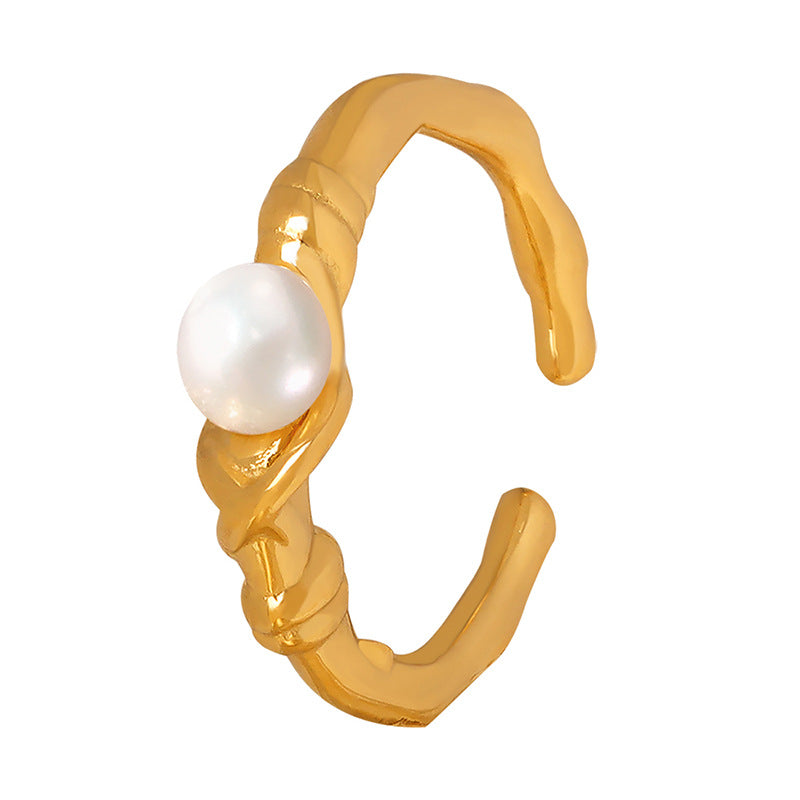 Cold Breeze South Korean Metal Ring with Natural Freshwater Pearl Accent