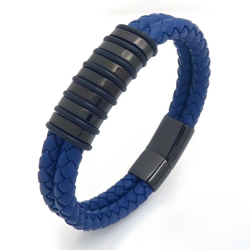 Blue/Black Leather Bracelet Double Layer Braided Microfiber Leather Stainless Steel