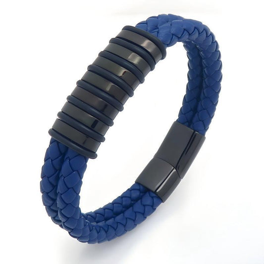 Blue/Black Leather Bracelet Double Layer Braided Microfiber Leather Stainless Steel
