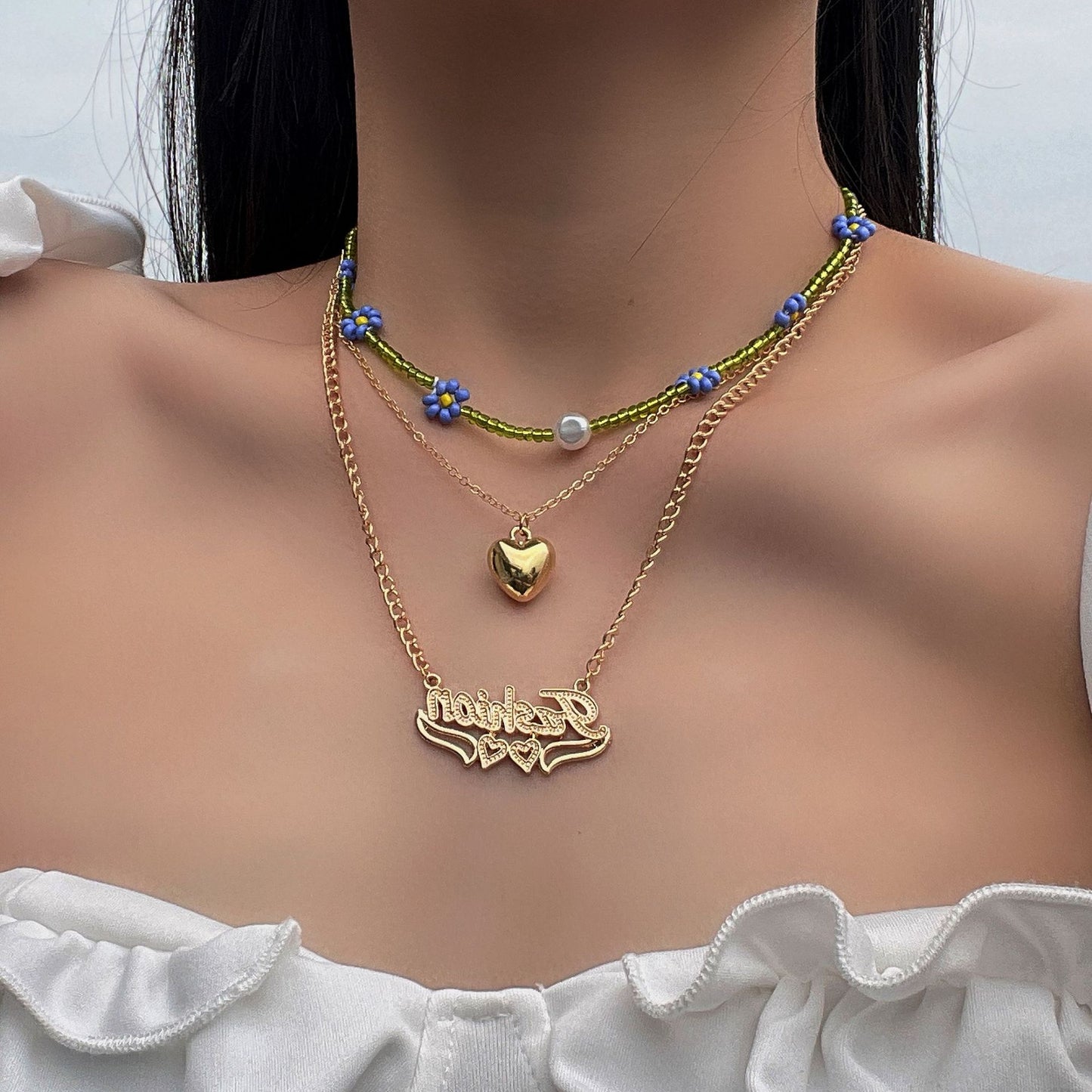 Planderful Vienna Verve Layered Letter Daisy Necklace With Imitation Pearls For Women Elegant Statement