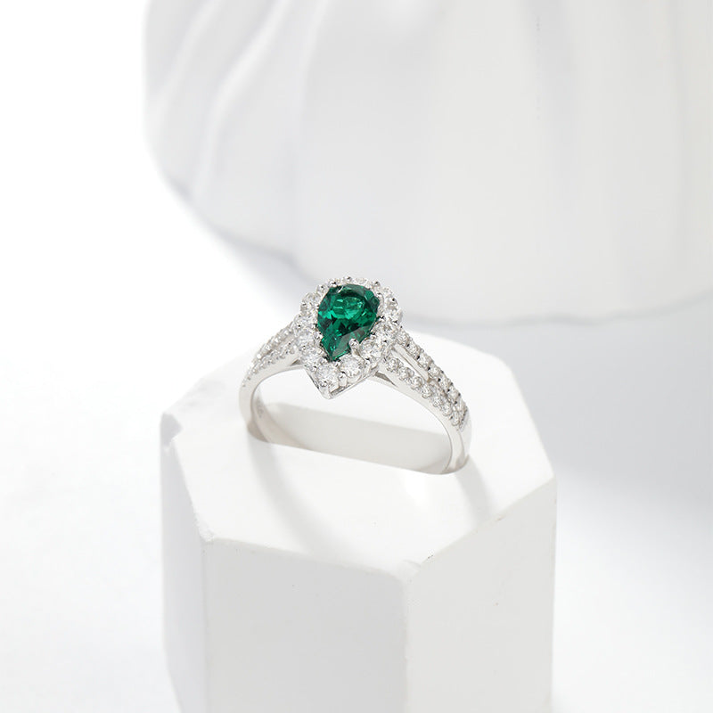 Jewelry 1 Carat Water Drop Lab Grown Emerald Halo Ring
